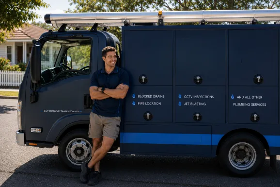 Plumber standing beside a service van in Luddenham