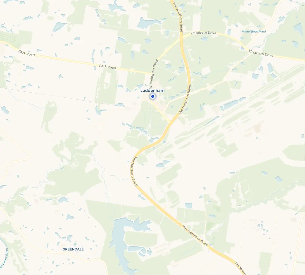 Map of the Luddenham service area and the surrounding outer western suburbs, showing Luddenham and the nearby streets we cover.