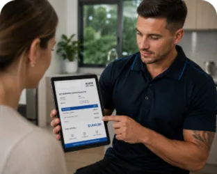 Plumber showing a Luddenham customer the quote on a tablet