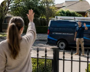 Customer waving goodbye to a plumber in Luddenham